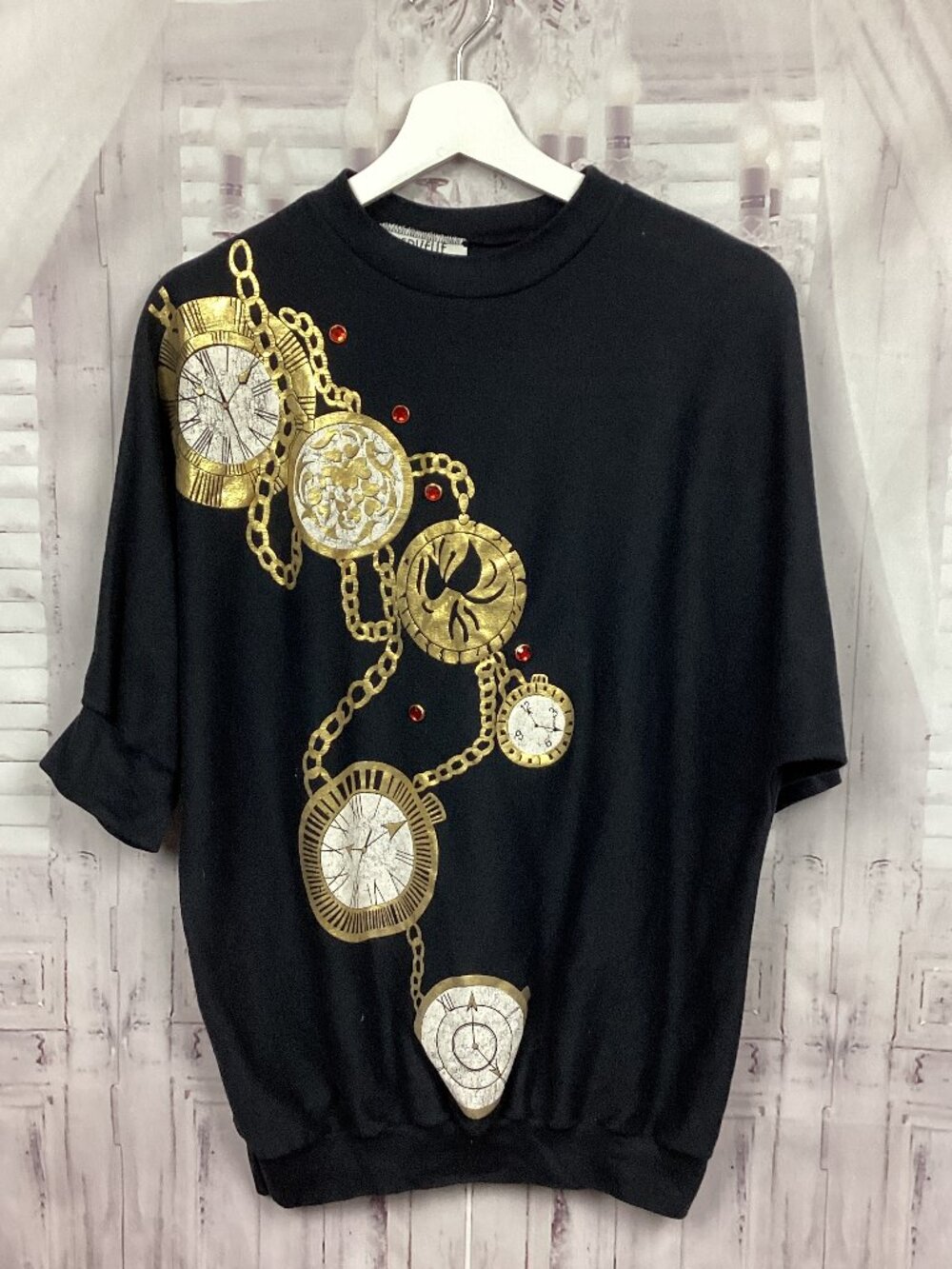 Cervelle Black Clock Watch Time Graphic Rhinestone Shirt M